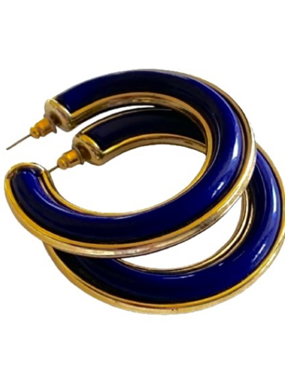 Chunky Navy Blue Plastic C-Hoop Earrings With Gold Tone Trim 2” Lightweighted